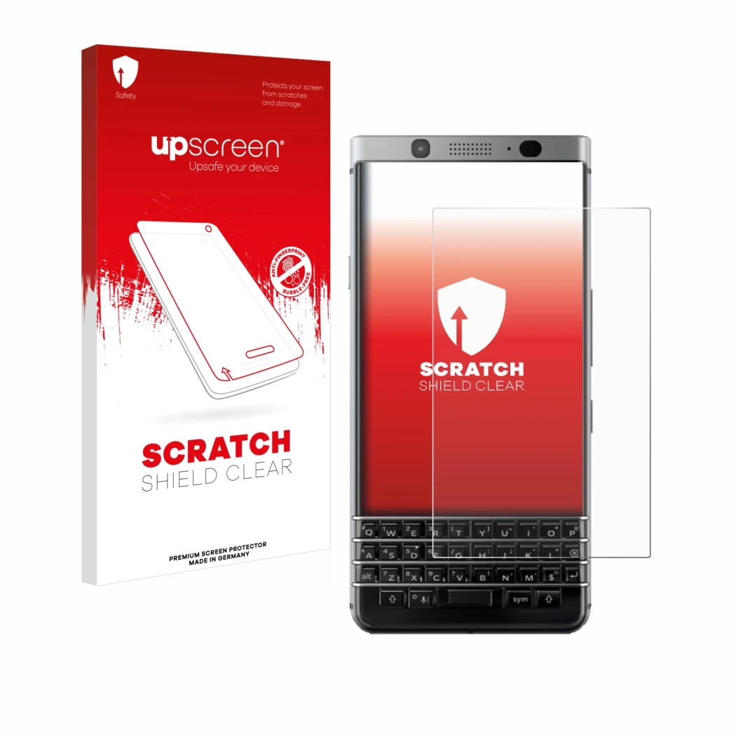Parte frontale di una confezione del prodotto con il logo del marchio upscreen. Accanto è raffigurato il dispositivo BlackBerr