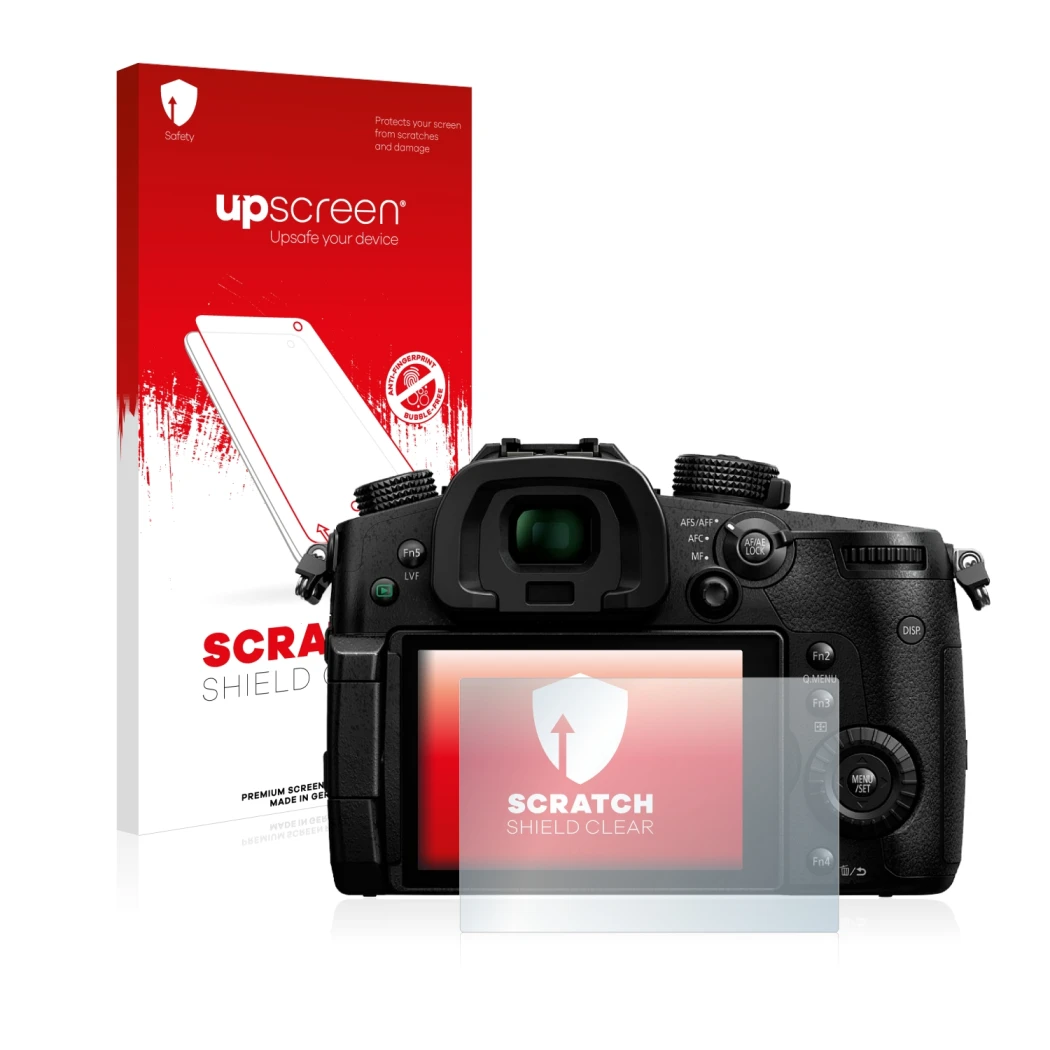 Parte frontale di una confezione del prodotto con il logo del marchio upscreen. Accanto è raffigurato il dispositivo Panasonic