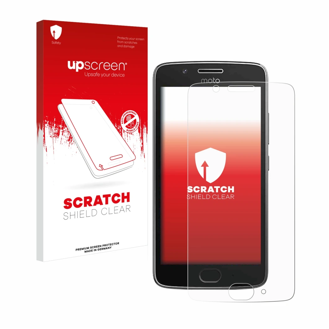 Parte frontale di una confezione del prodotto con il logo del marchio upscreen. Accanto è raffigurato il dispositivo Motorola 