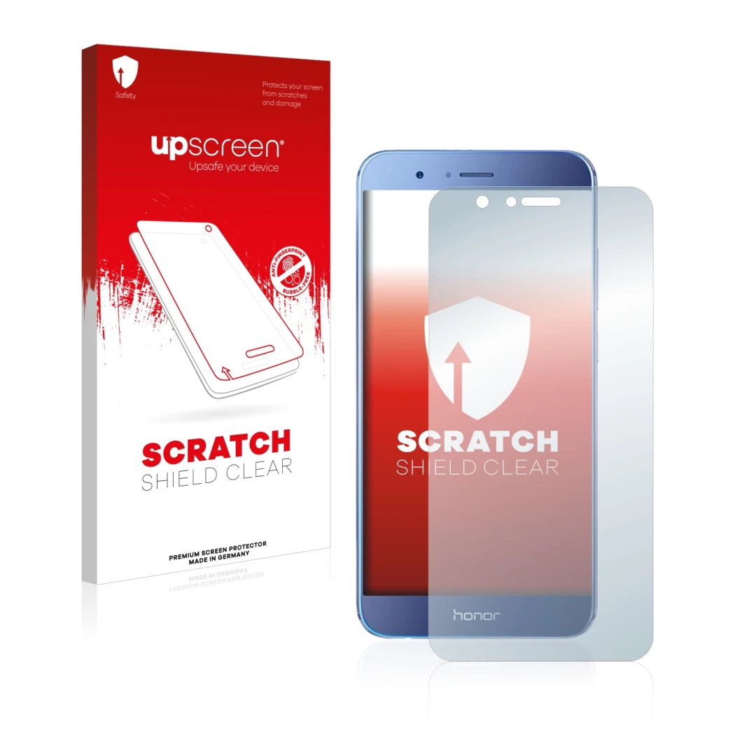 Parte frontale di una confezione del prodotto con il logo del marchio upscreen. Accanto è raffigurato il dispositivo Honor 8 P
