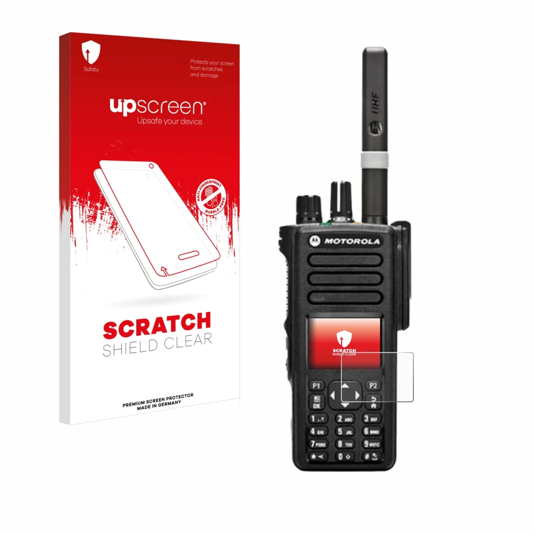 Parte frontale di una confezione del prodotto con il logo del marchio upscreen. Accanto è raffigurato il dispositivo Motorola