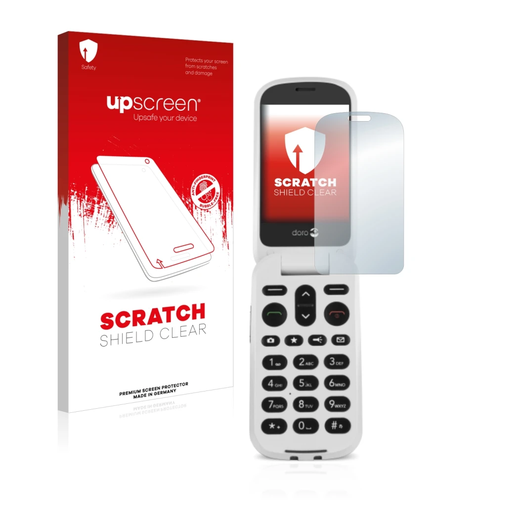 Parte frontale di una confezione del prodotto con il logo del marchio upscreen. Accanto è raffigurato il dispositivo Doro 6050