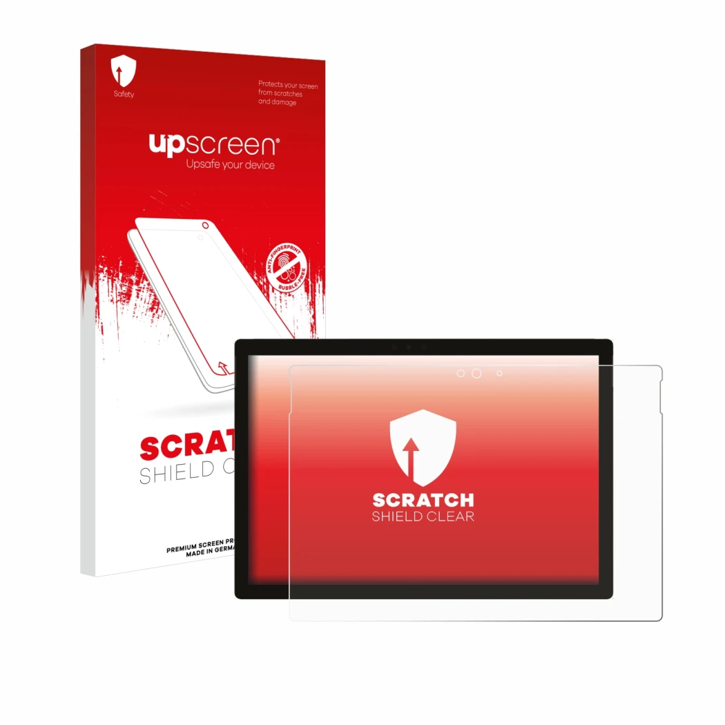 Parte frontale di una confezione del prodotto con il logo del marchio upscreen. Accanto è raffigurato il dispositivo Microsoft