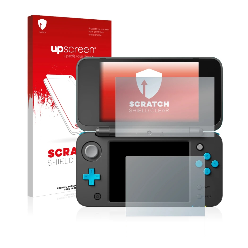 Parte frontale di una confezione del prodotto con il logo del marchio upscreen. Accanto è raffigurato il dispositivo Nintendo
