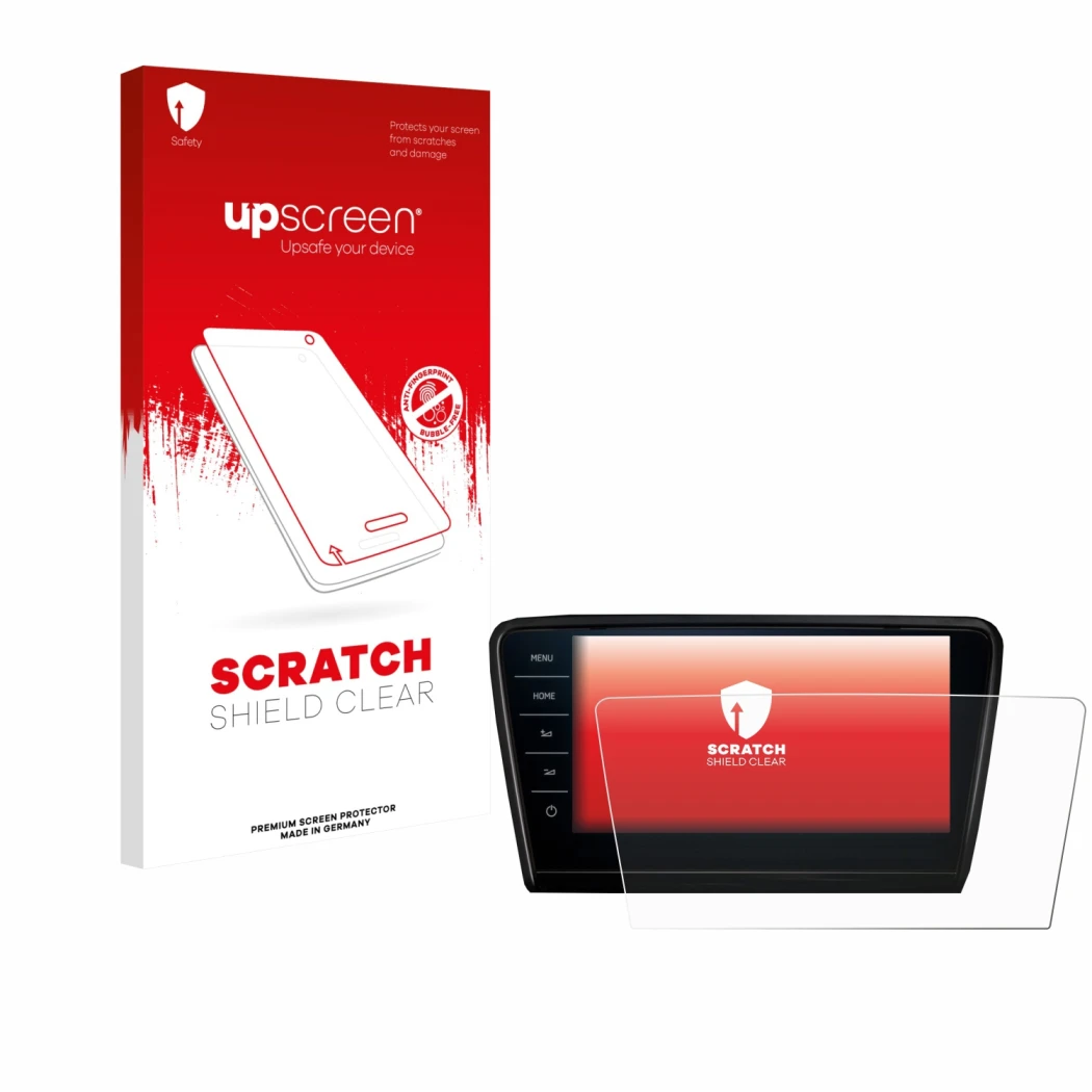 Parte frontale di una confezione del prodotto con il logo del marchio upscreen. Accanto è raffigurato il dispositivo Skoda Oct