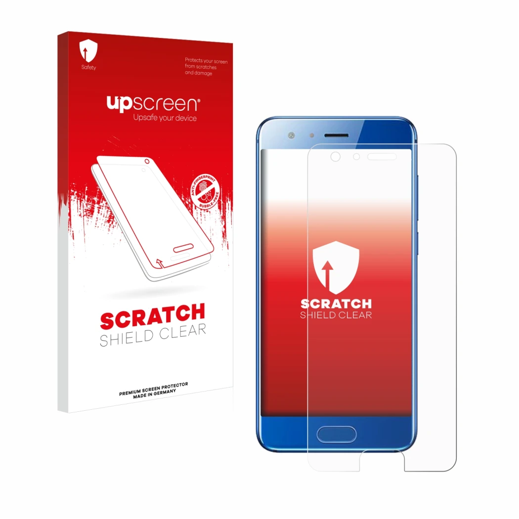 Parte frontale di una confezione del prodotto con il logo del marchio upscreen. Accanto è raffigurato il dispositivo Honor 9 c