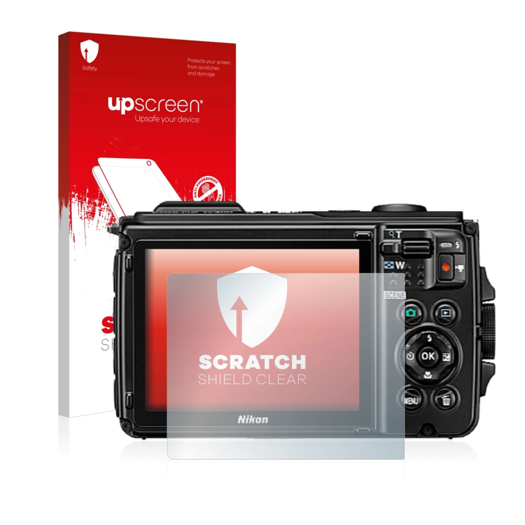 Parte frontale di una confezione del prodotto con il logo del marchio upscreen. Accanto è raffigurato il dispositivo Nikon Coo