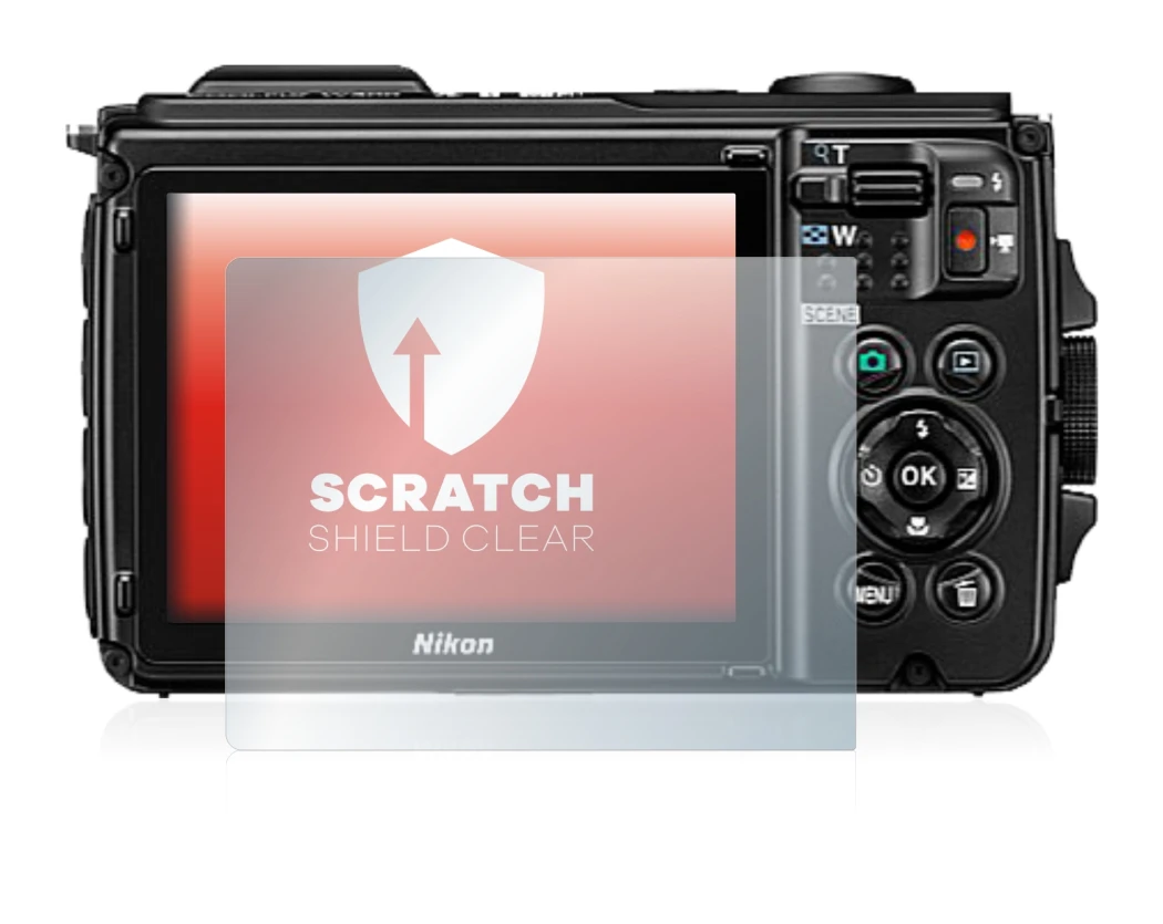 Immagine del dispositivo Nikon Coolpix W300 con un'ampia varietà di protezioni per lo schermo.