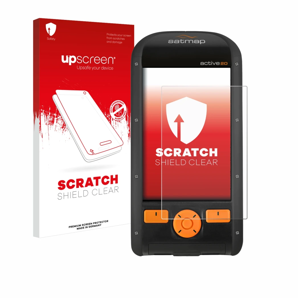 Parte frontale di una confezione del prodotto con il logo del marchio upscreen. Accanto è raffigurato il dispositivo Satmap Ac