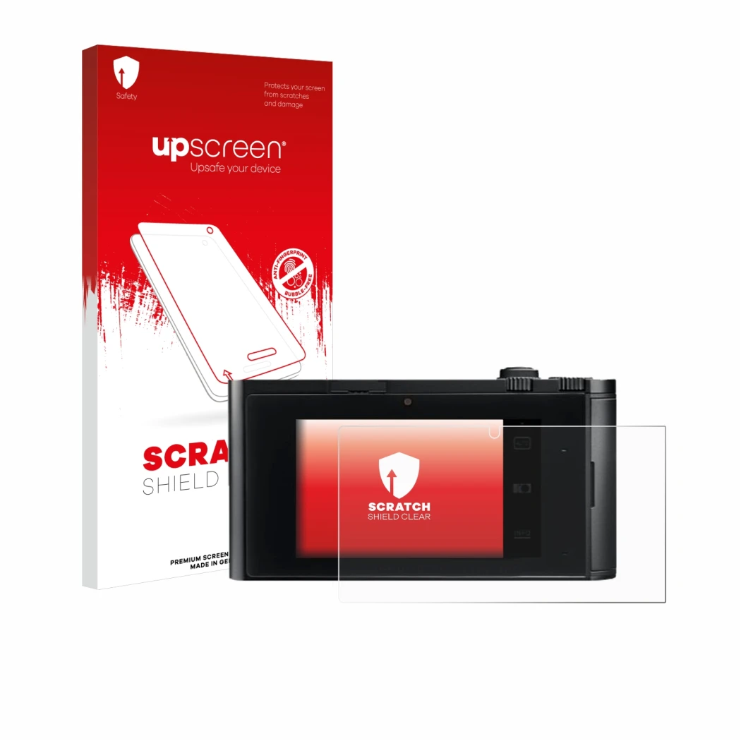 Parte frontale di una confezione del prodotto con il logo del marchio upscreen. Accanto è raffigurato il dispositivo Leica TL2