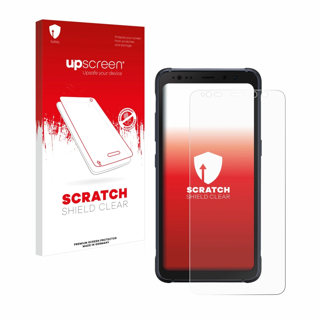 Parte frontale di una confezione del prodotto con il logo del marchio upscreen. Accanto è raffigurato il dispositivo Samsung G