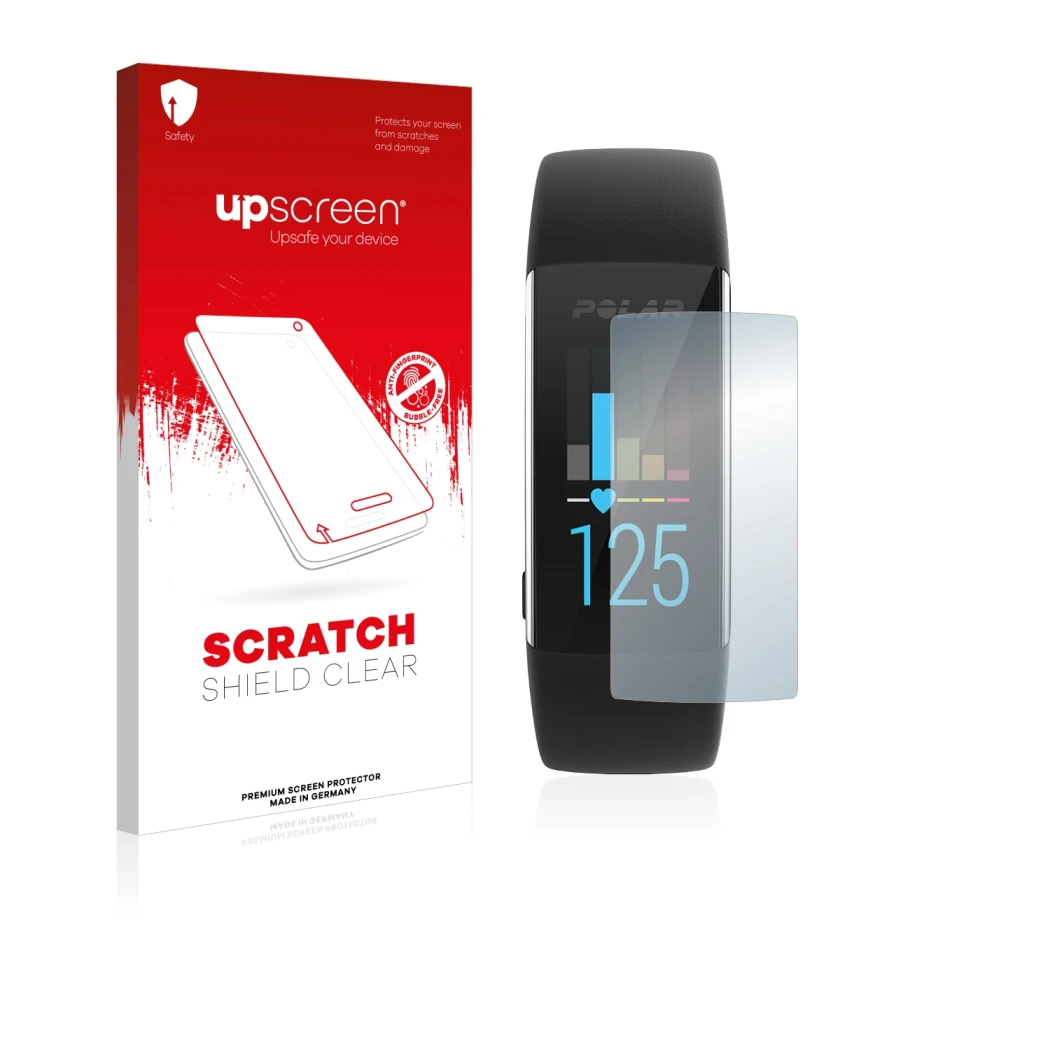 Parte frontale di una confezione del prodotto con il logo del marchio upscreen. Accanto è raffigurato il dispositivo Polar A37