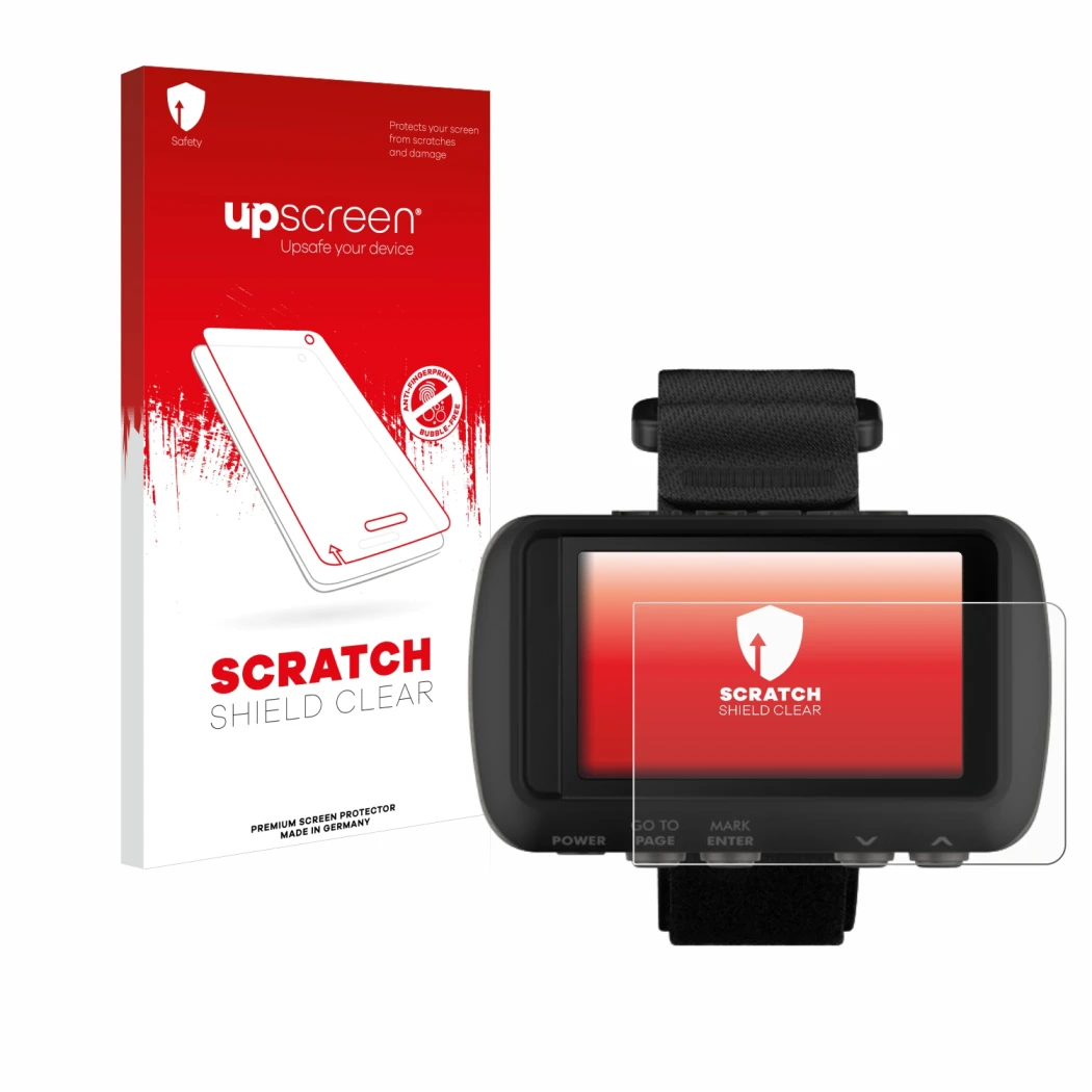 Parte frontale di una confezione del prodotto con il logo del marchio upscreen. Accanto è raffigurato il dispositivo Garmin Fo