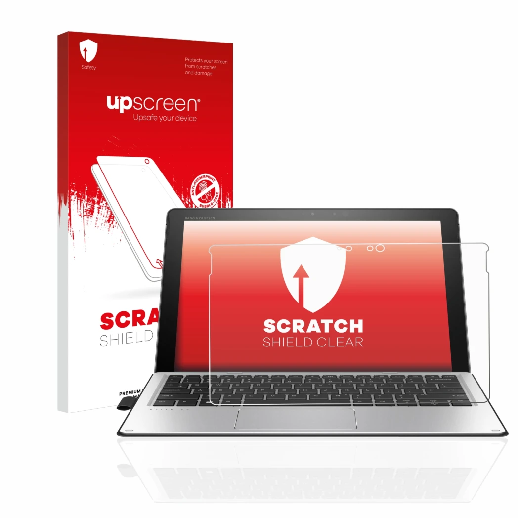 Parte frontale di una confezione del prodotto con il logo del marchio upscreen. Accanto è raffigurato il dispositivo HP Elite 