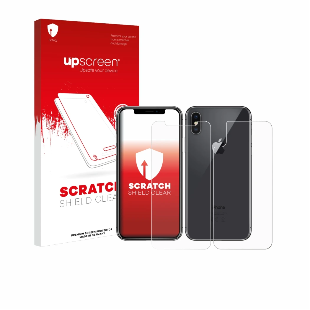 Parte frontale di una confezione del prodotto con il logo del marchio upscreen. Accanto è raffigurato il dispositivo Apple iPh