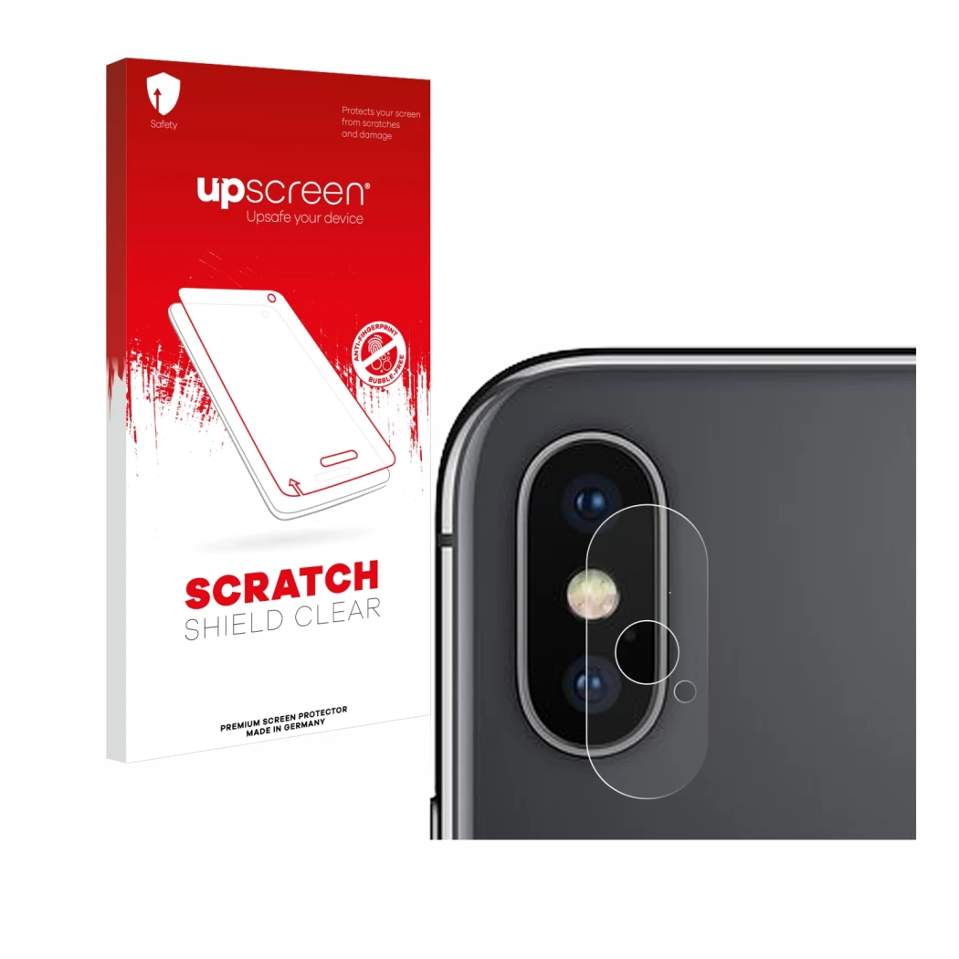Parte frontale di una confezione del prodotto con il logo del marchio upscreen. Accanto è raffigurato il dispositivo Apple iPh
