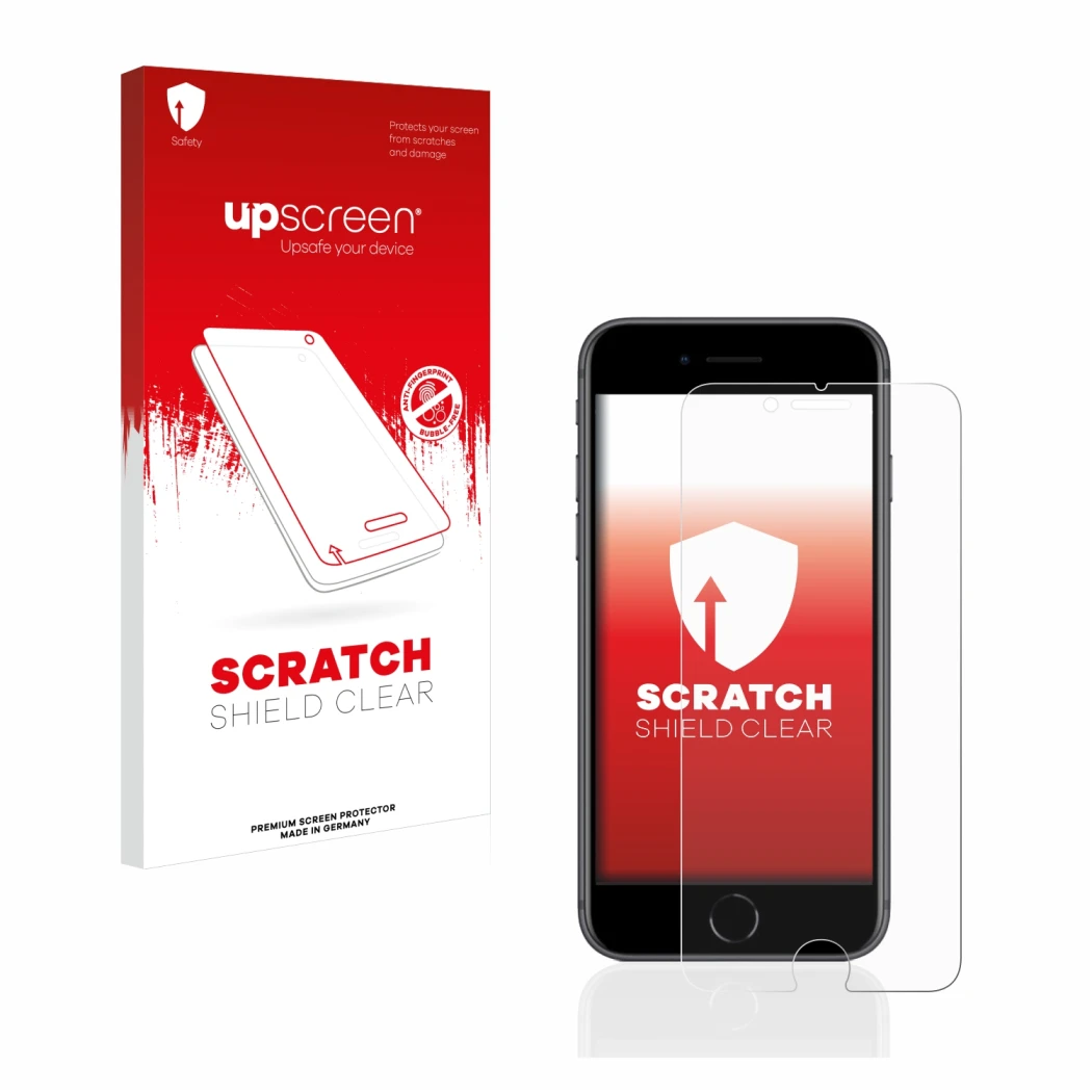 Parte frontale di una confezione del prodotto con il logo del marchio upscreen. Accanto è raffigurato il dispositivo Apple iPh