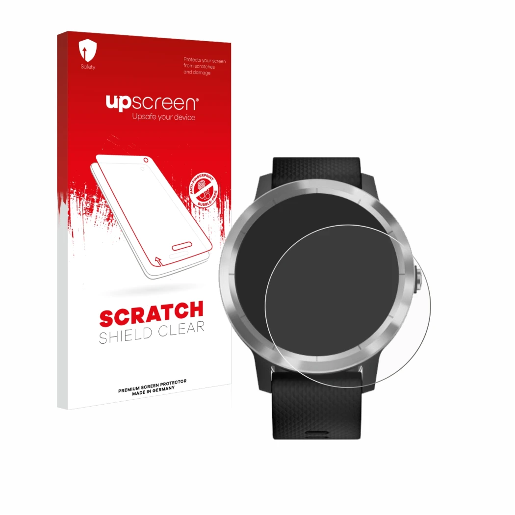 Parte frontale di una confezione del prodotto con il logo del marchio upscreen. Accanto è raffigurato il dispositivo Garmin vi