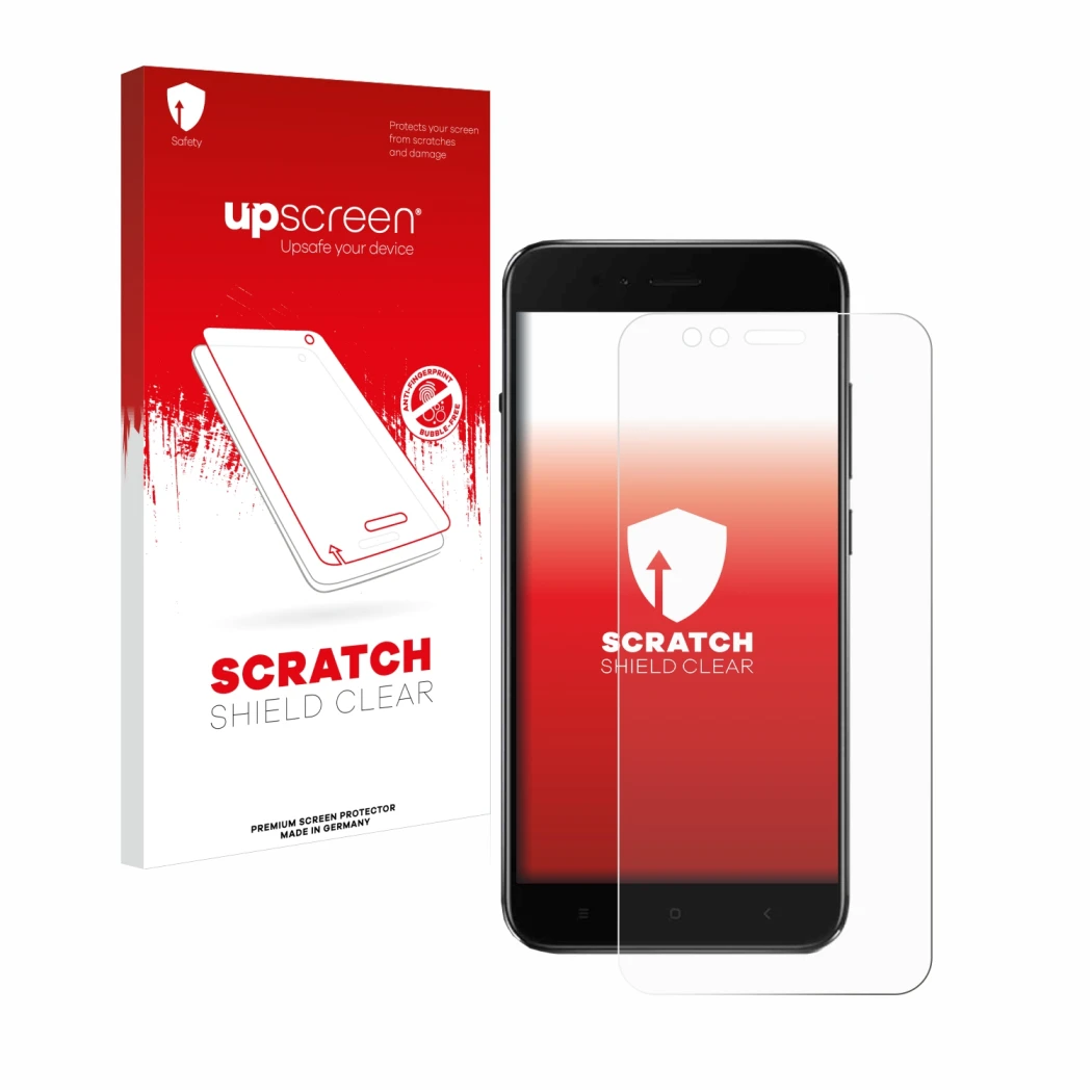Parte frontale di una confezione del prodotto con il logo del marchio upscreen. Accanto è raffigurato il dispositivo Xiaomi Mi