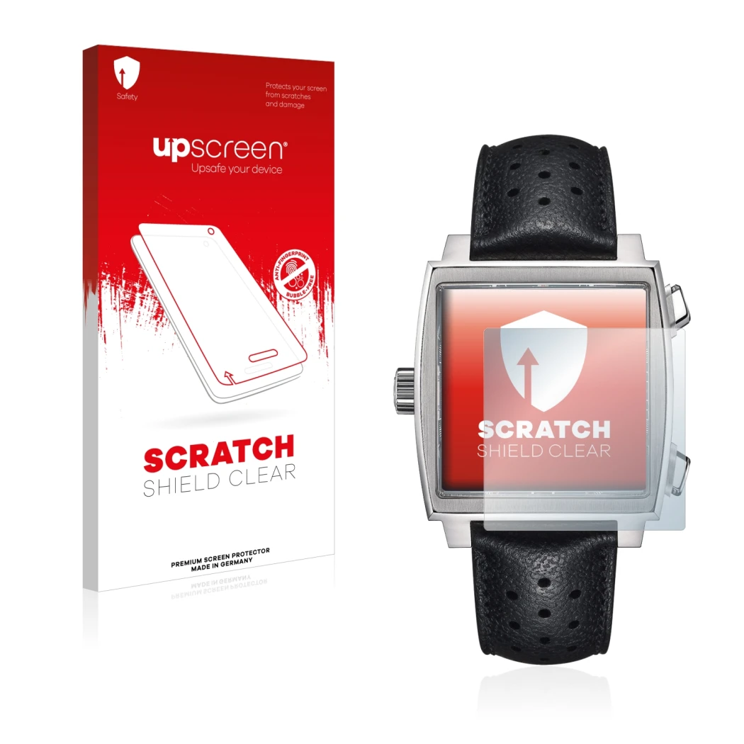 Parte frontale di una confezione del prodotto con il logo del marchio upscreen. Accanto è raffigurato il dispositivo TAG Heuer