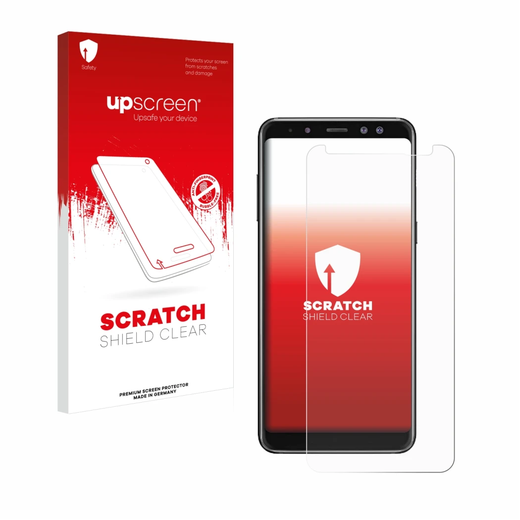 Parte frontale di una confezione del prodotto con il logo del marchio upscreen. Accanto è raffigurato il dispositivo Samsung G