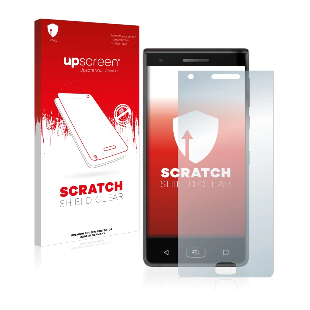 Parte frontale di una confezione del prodotto con il logo del marchio upscreen. Accanto è raffigurato il dispositivo BlackBerr