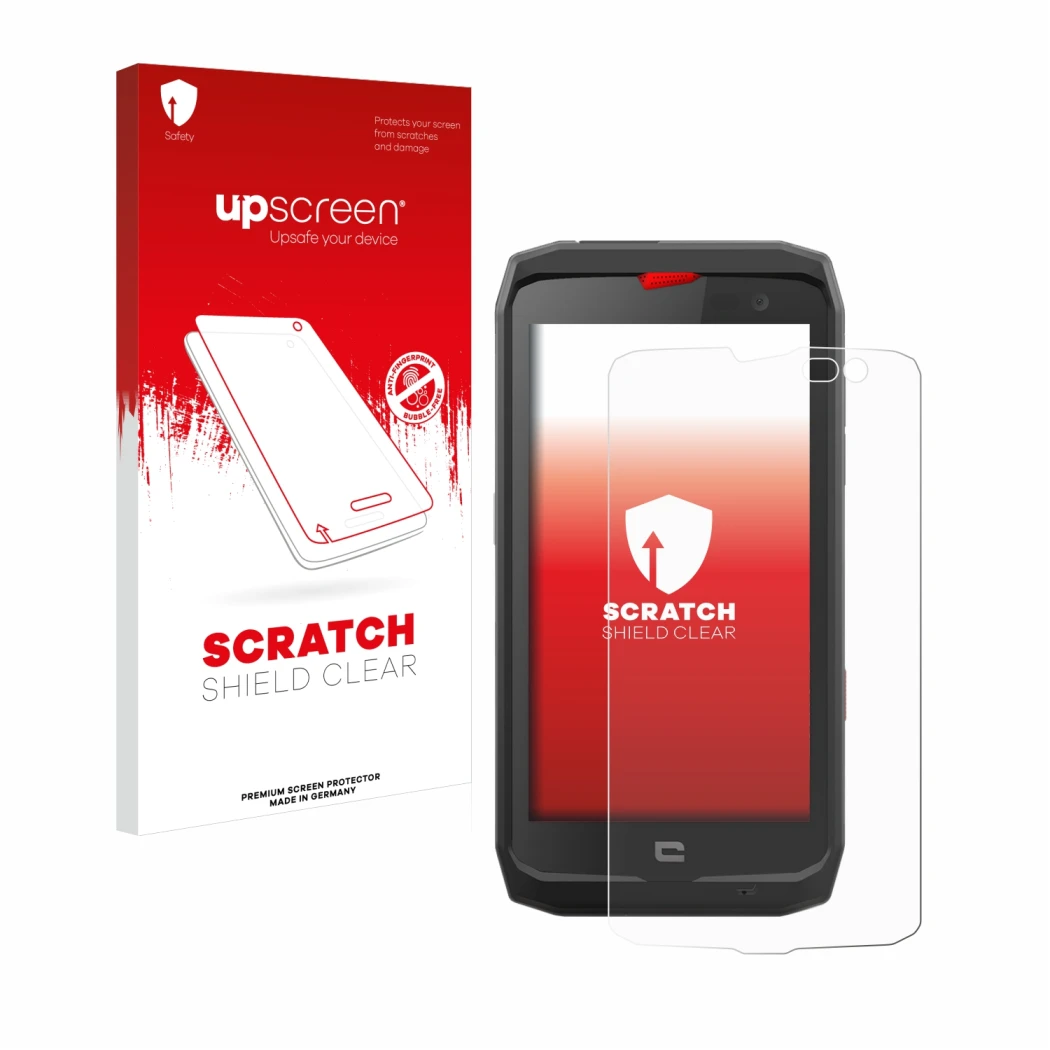 Parte frontale di una confezione del prodotto con il logo del marchio upscreen. Accanto è raffigurato il dispositivo Crosscall