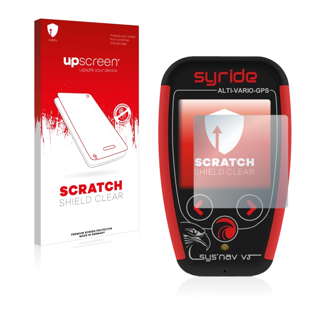 Parte frontale di una confezione del prodotto con il logo del marchio upscreen. Accanto è raffigurato il dispositivo Syride Sy