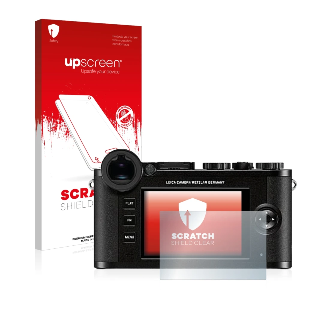 Parte frontale di una confezione del prodotto con il logo del marchio upscreen. Accanto è raffigurato il dispositivo Leica CL