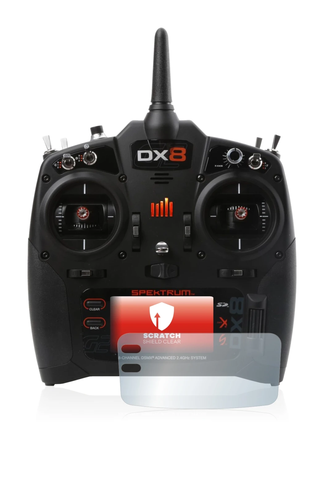 Immagine del dispositivo Spektrum DX8 G2 con un'ampia varietà di protezioni per lo schermo.
