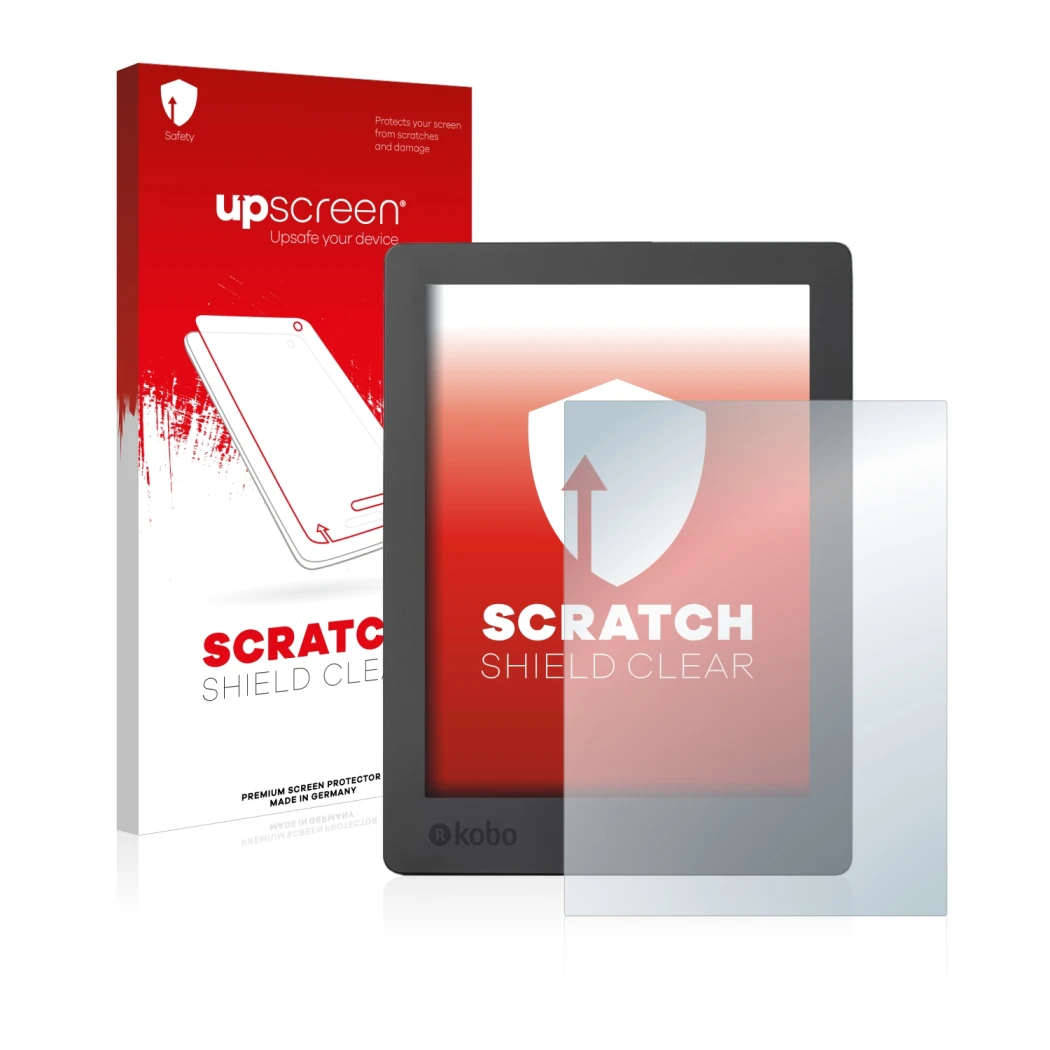 Parte frontale di una confezione del prodotto con il logo del marchio upscreen. Accanto è raffigurato il dispositivo Kobo Aura