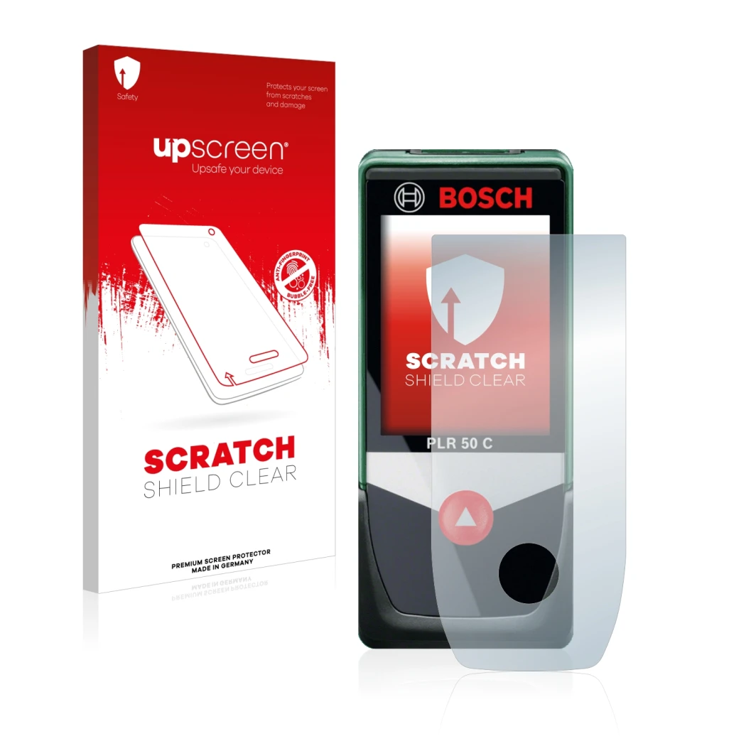Parte frontale di una confezione del prodotto con il logo del marchio upscreen. Accanto è raffigurato il dispositivo Bosch PLR