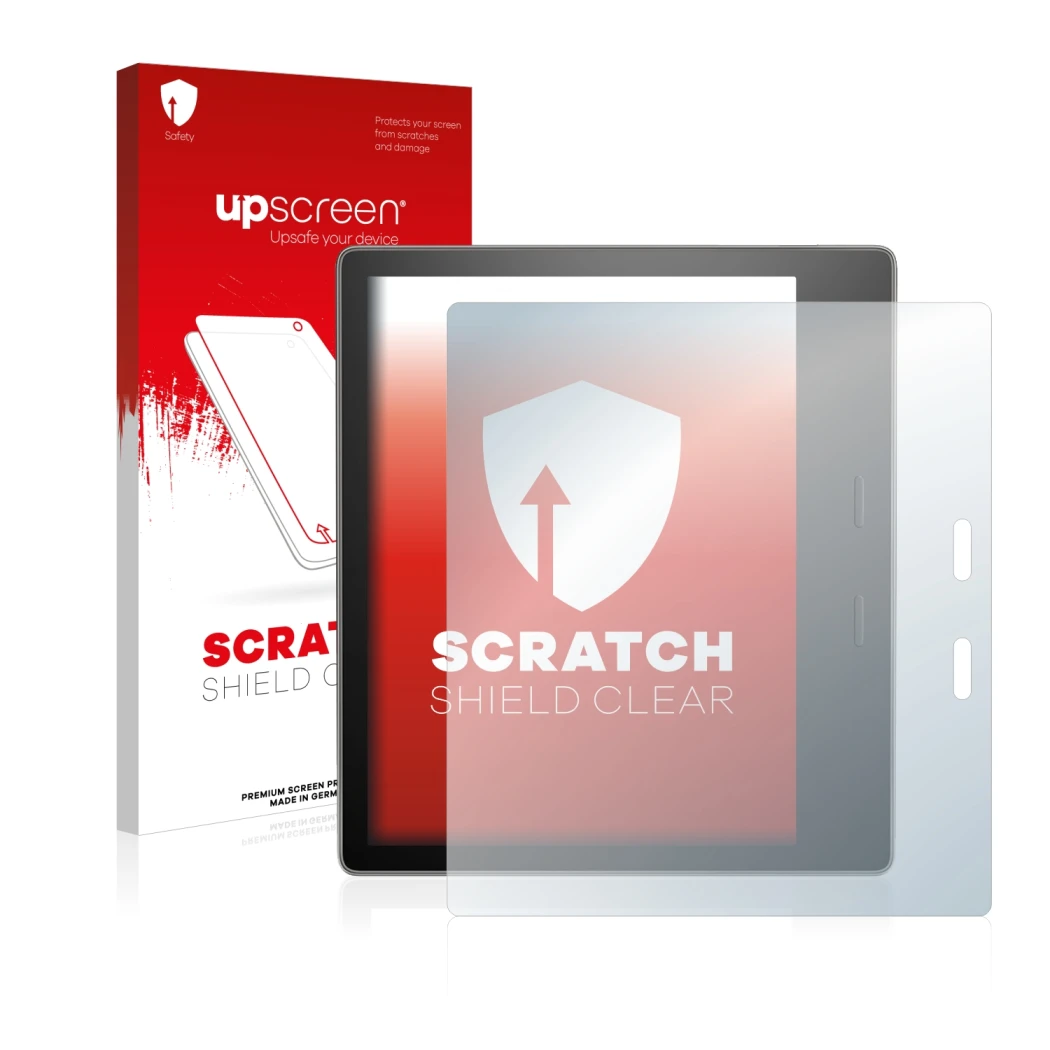 Parte frontale di una confezione del prodotto con il logo del marchio upscreen. Accanto è raffigurato il dispositivo Amazon Ki