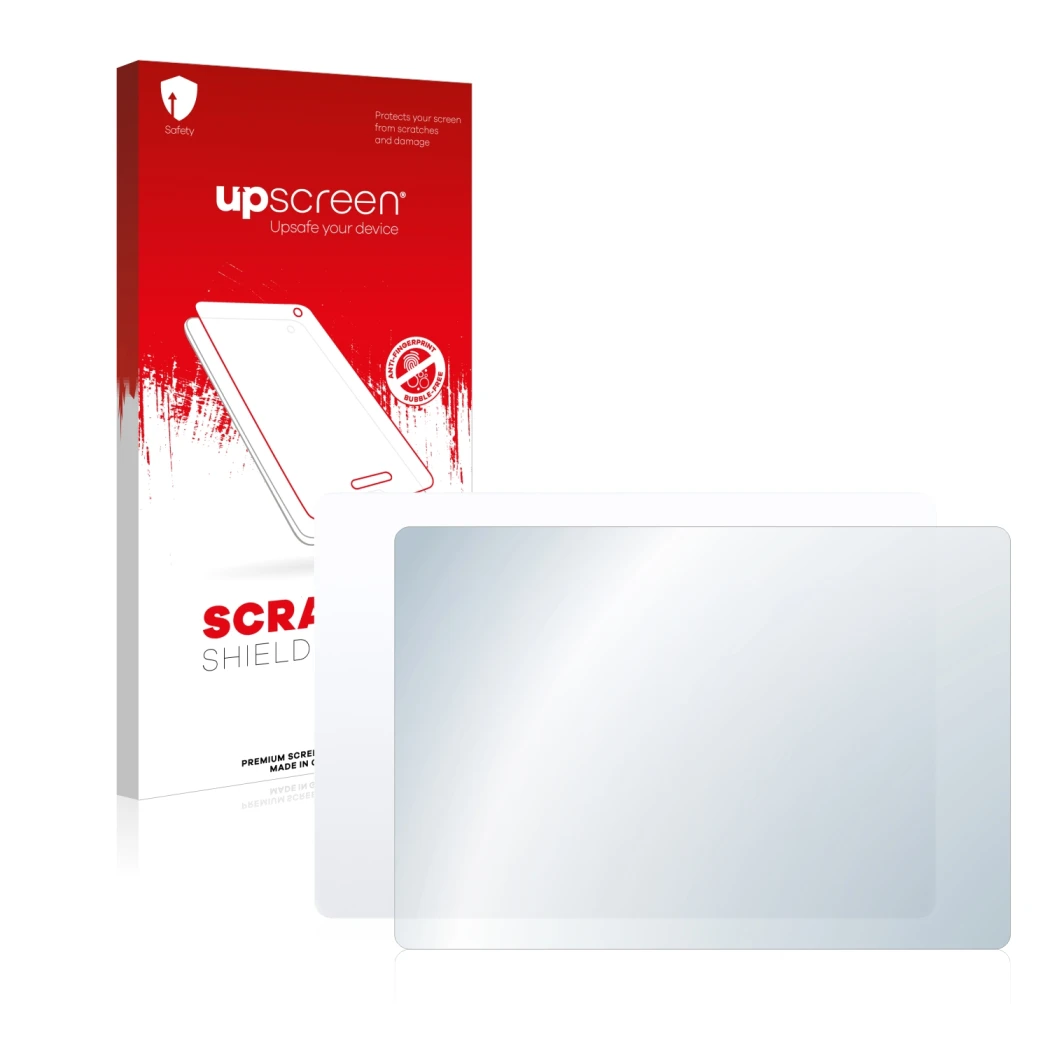 Parte frontale di una confezione del prodotto con il logo del marchio upscreen. Accanto è raffigurato il dispositivo Apple Mag