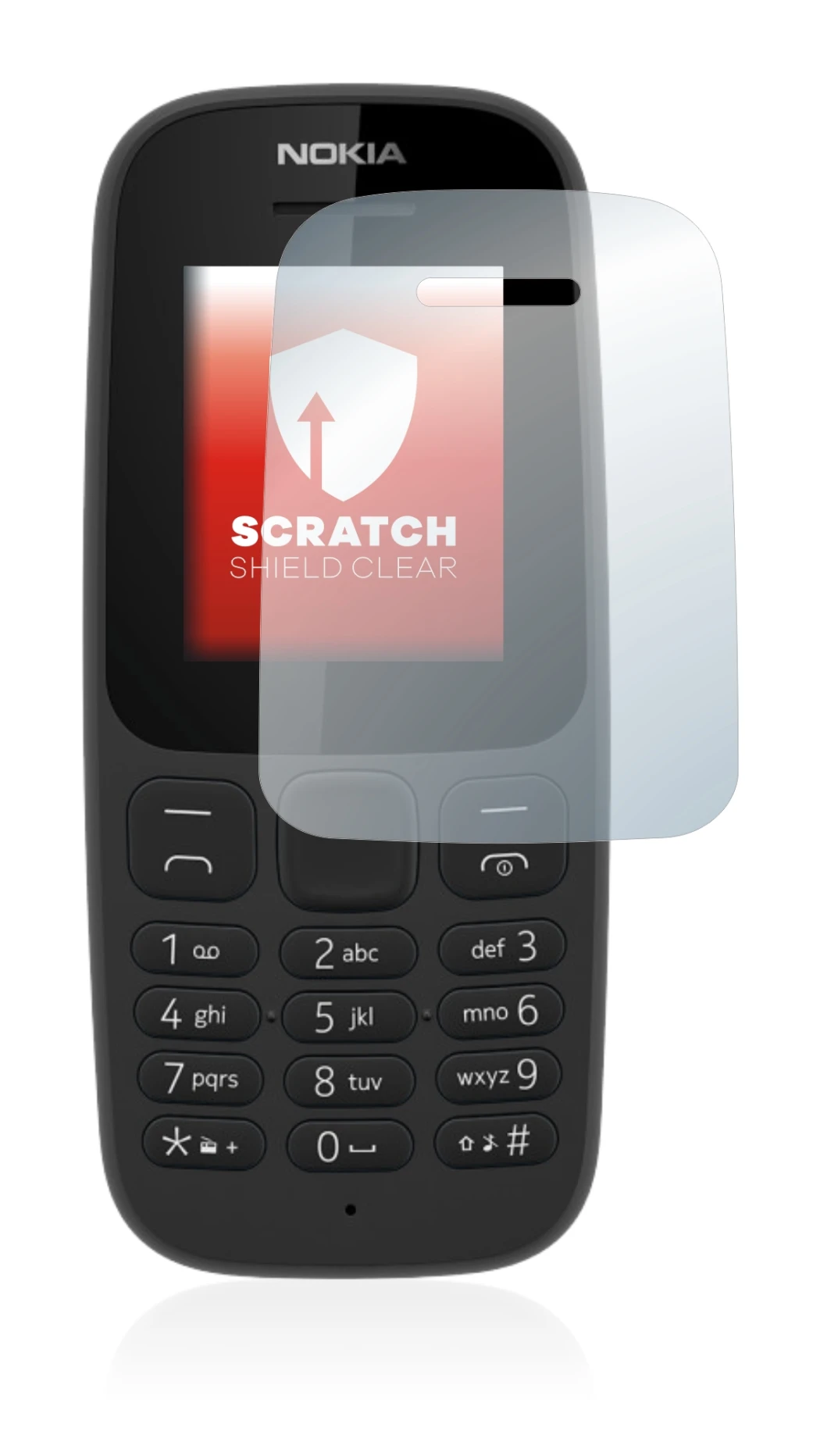 Immagine del dispositivo Nokia 105 2017 con un'ampia varietà di protezioni per lo schermo.