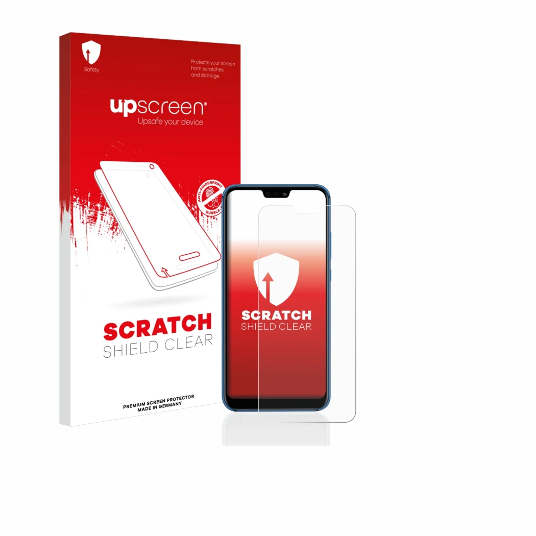 Parte frontale di una confezione del prodotto con il logo del marchio upscreen. Accanto è raffigurato il dispositivo Huawei P2