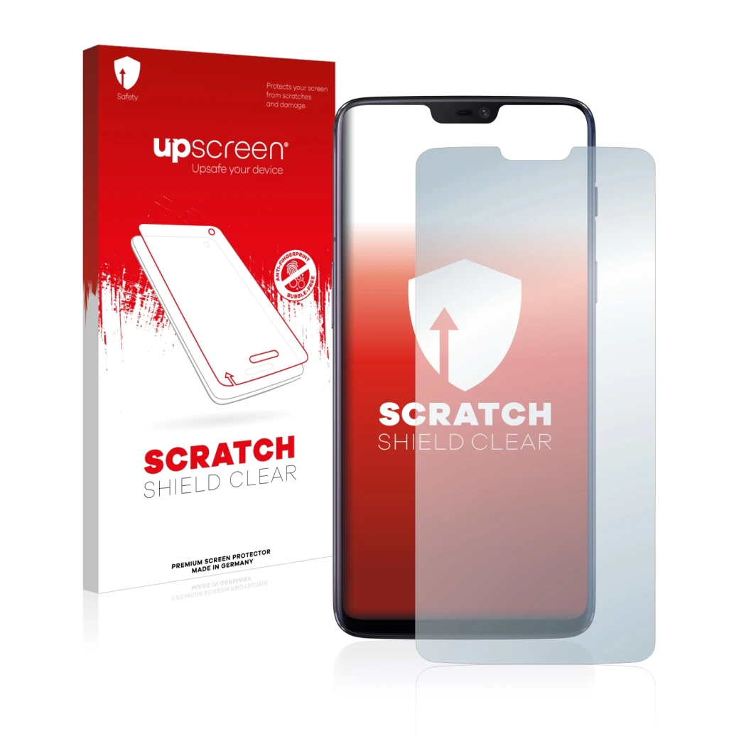Parte frontale di una confezione del prodotto con il logo del marchio upscreen. Accanto è raffigurato il dispositivo OnePlus 6