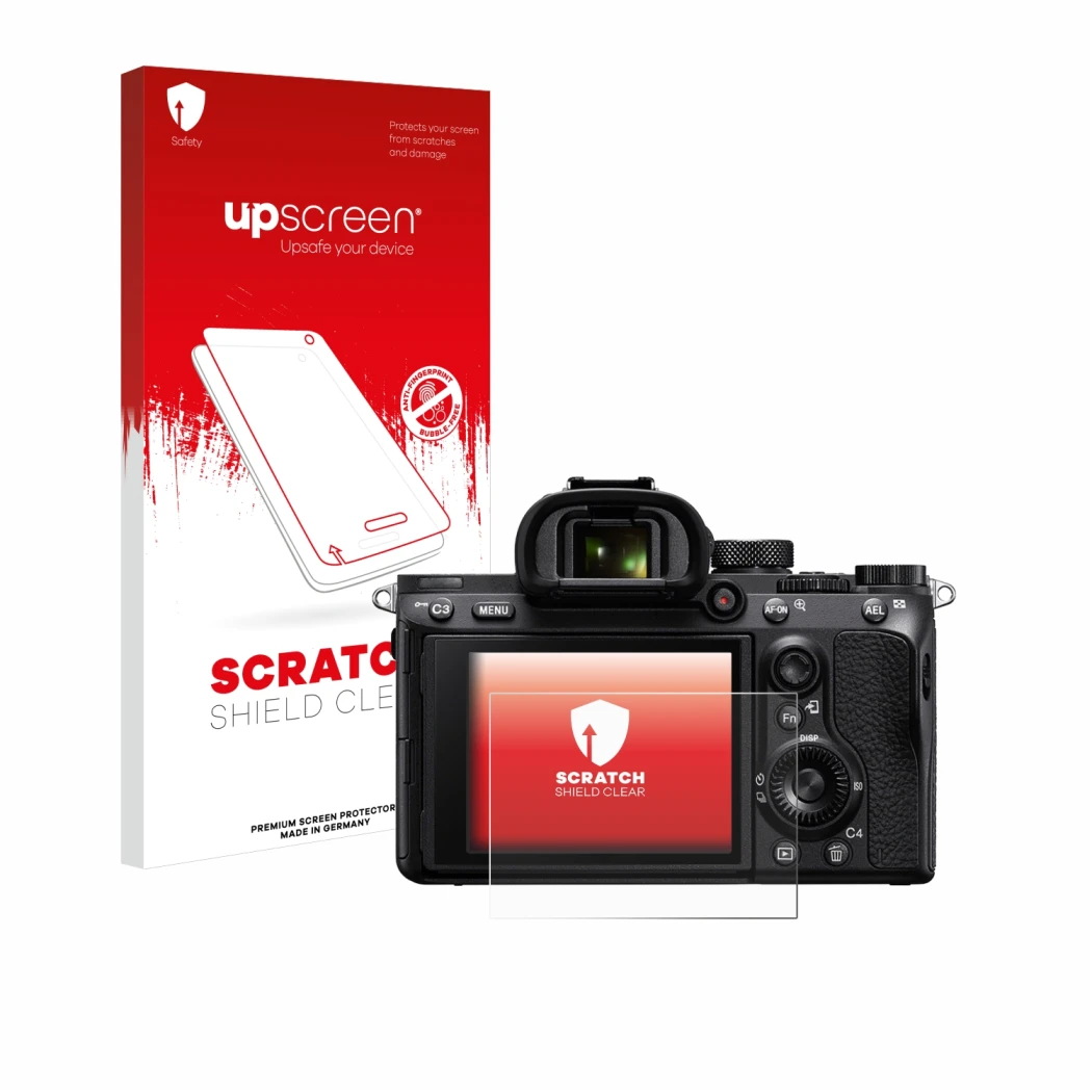 Parte frontale di una confezione del prodotto con il logo del marchio upscreen. Accanto è raffigurato il dispositivo Sony Alph