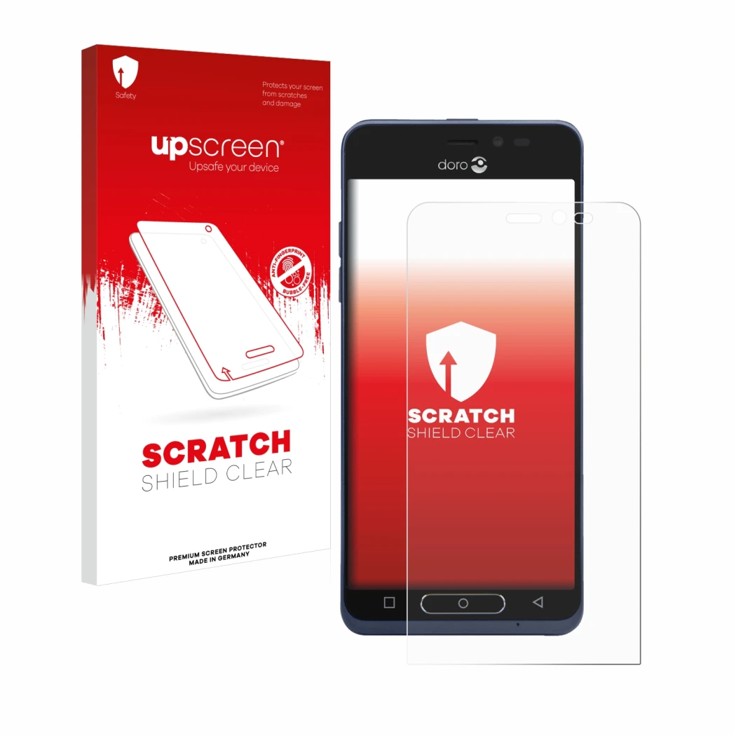 Parte frontale di una confezione del prodotto con il logo del marchio upscreen. Accanto è raffigurato il dispositivo Doro 8035