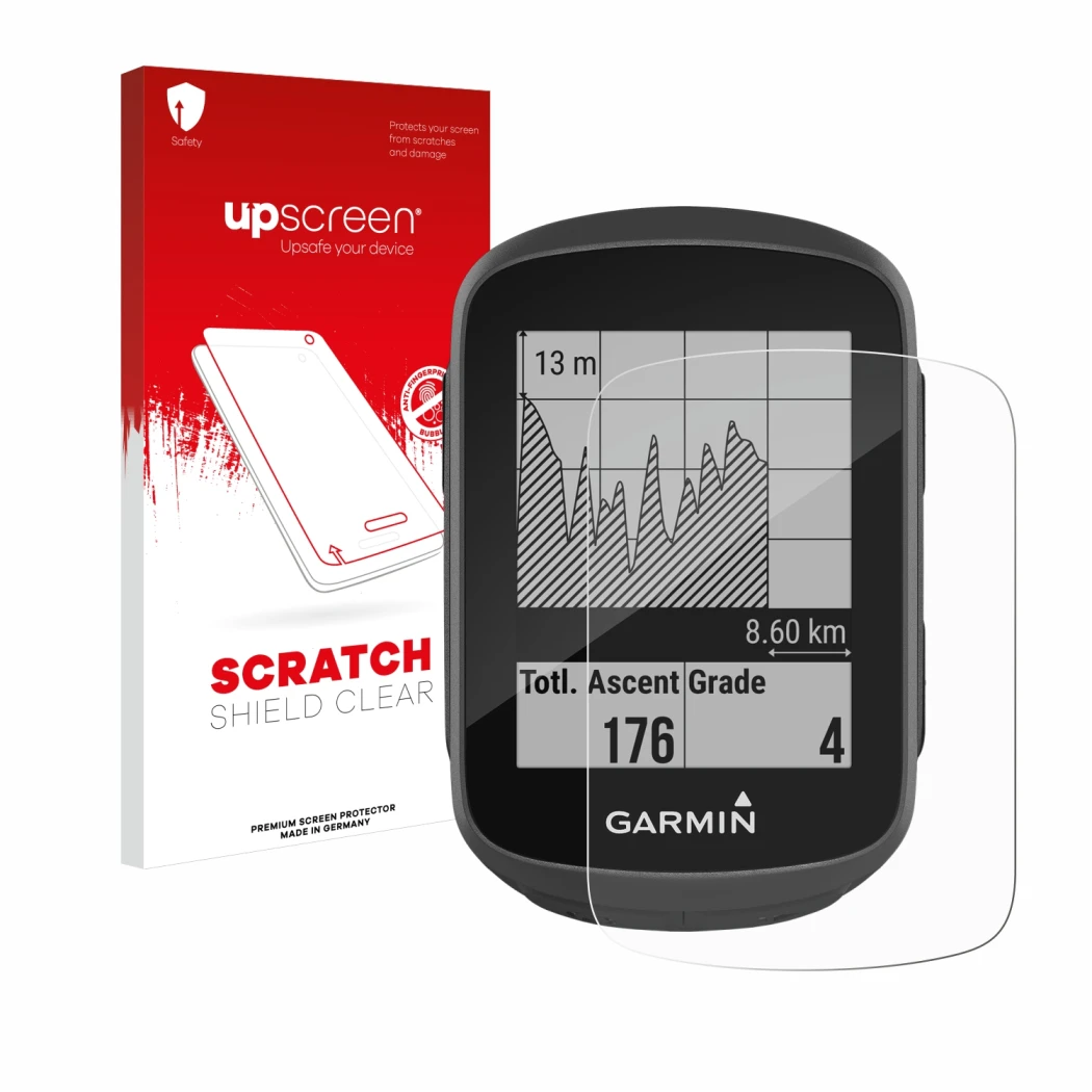 Parte frontale di una confezione del prodotto con il logo del marchio upscreen. Accanto è raffigurato il dispositivo Garmin Ed