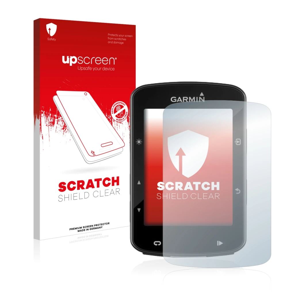 Parte frontale di una confezione del prodotto con il logo del marchio upscreen. Accanto è raffigurato il dispositivo Garmin Ed