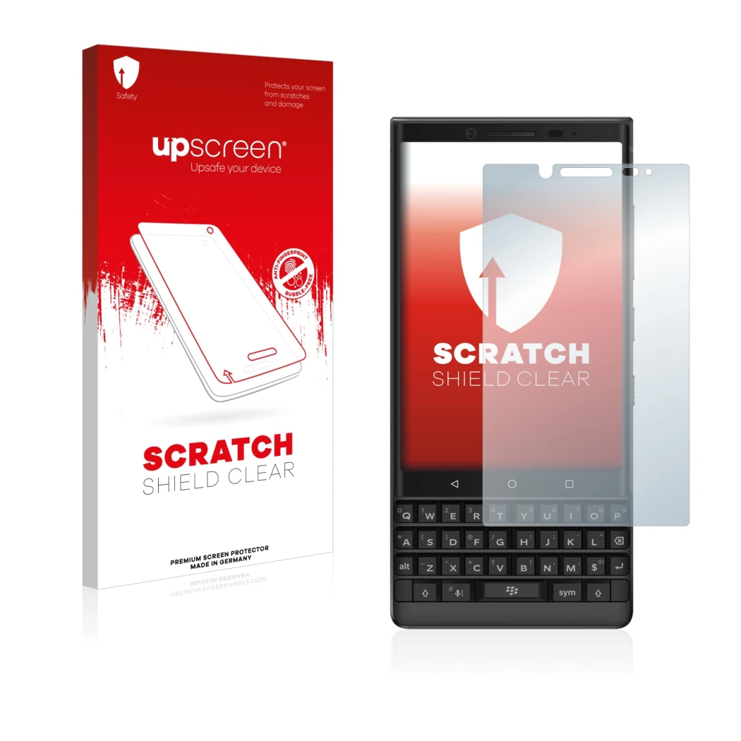 Parte frontale di una confezione del prodotto con il logo del marchio upscreen. Accanto è raffigurato il dispositivo BlackBerr