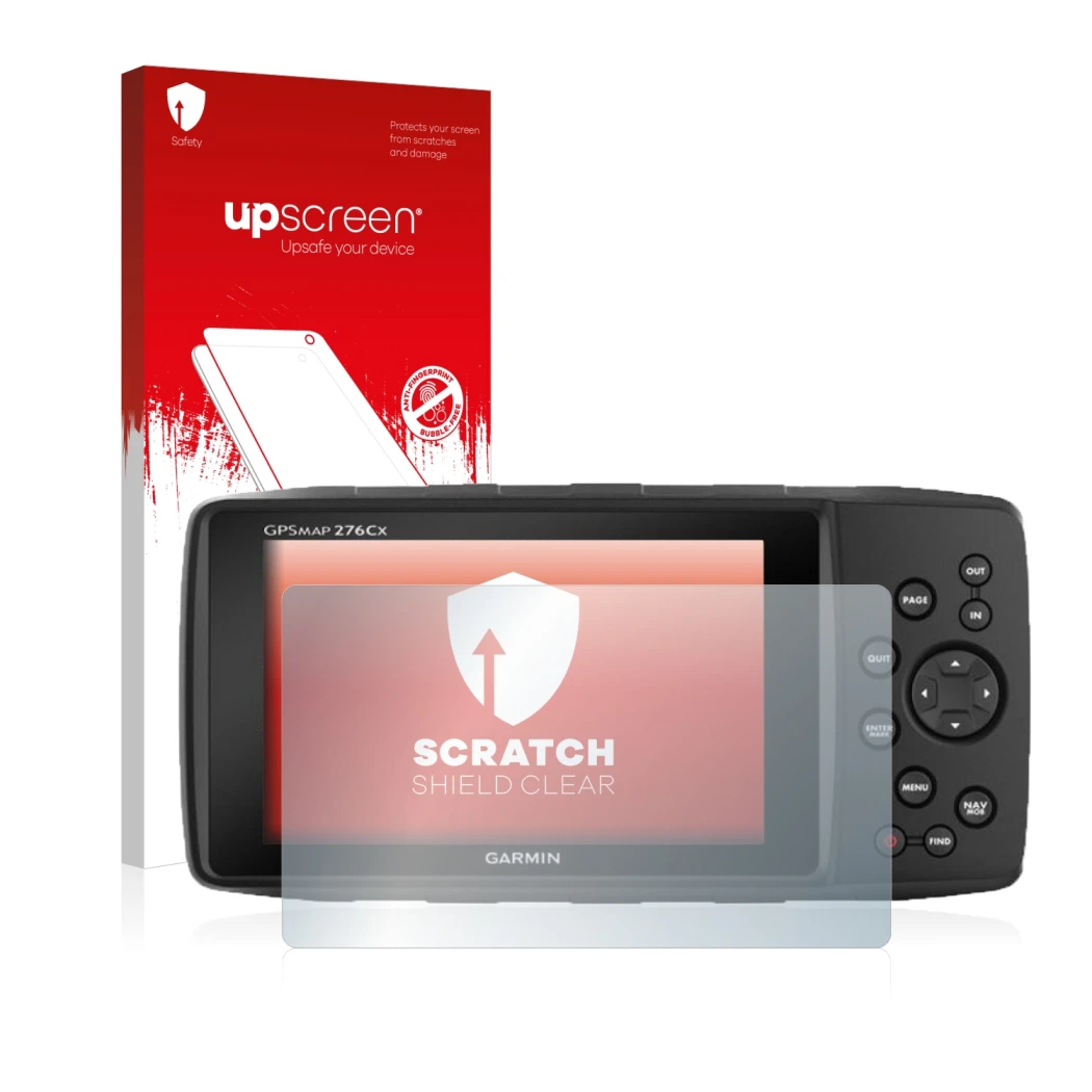 Parte frontale di una confezione del prodotto con il logo del marchio upscreen. Accanto è raffigurato il dispositivo Garmin GP