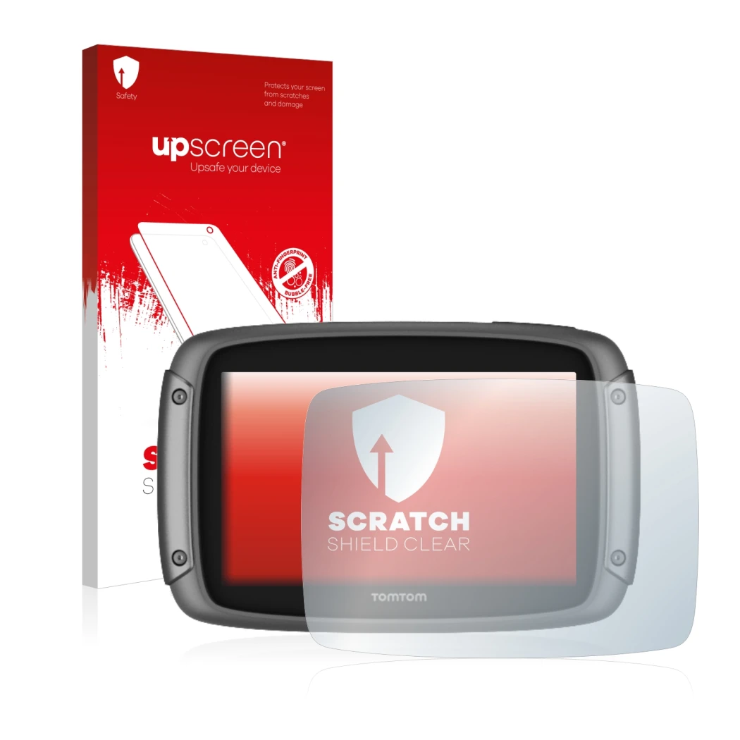 Parte frontale di una confezione del prodotto con il logo del marchio upscreen. Accanto è raffigurato il dispositivo TomTom Ri