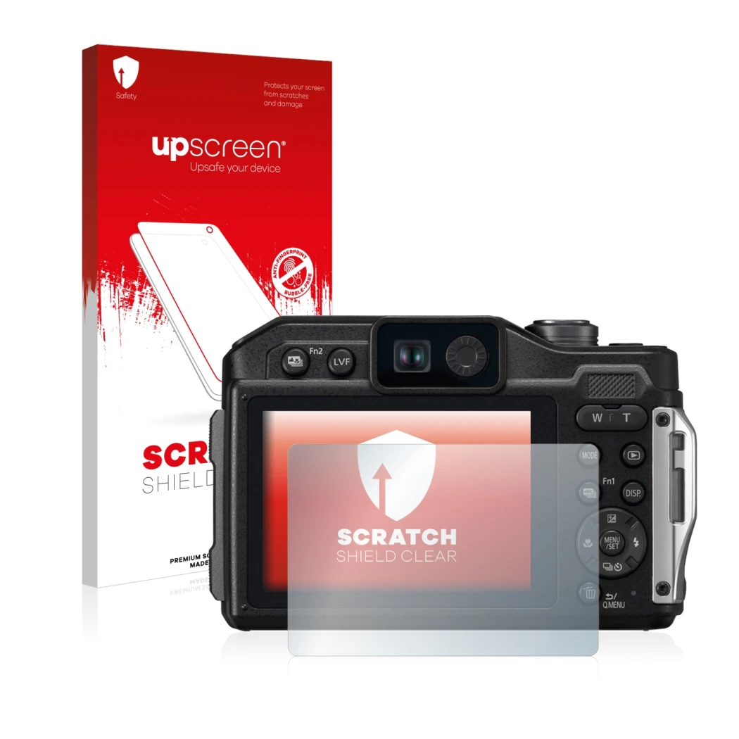 Parte frontale di una confezione del prodotto con il logo del marchio upscreen. Accanto è raffigurato il dispositivo Panasonic