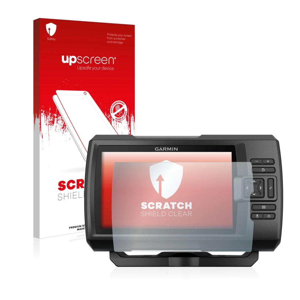 Parte frontale di una confezione del prodotto con il logo del marchio upscreen. Accanto è raffigurato il dispositivo Garmin St