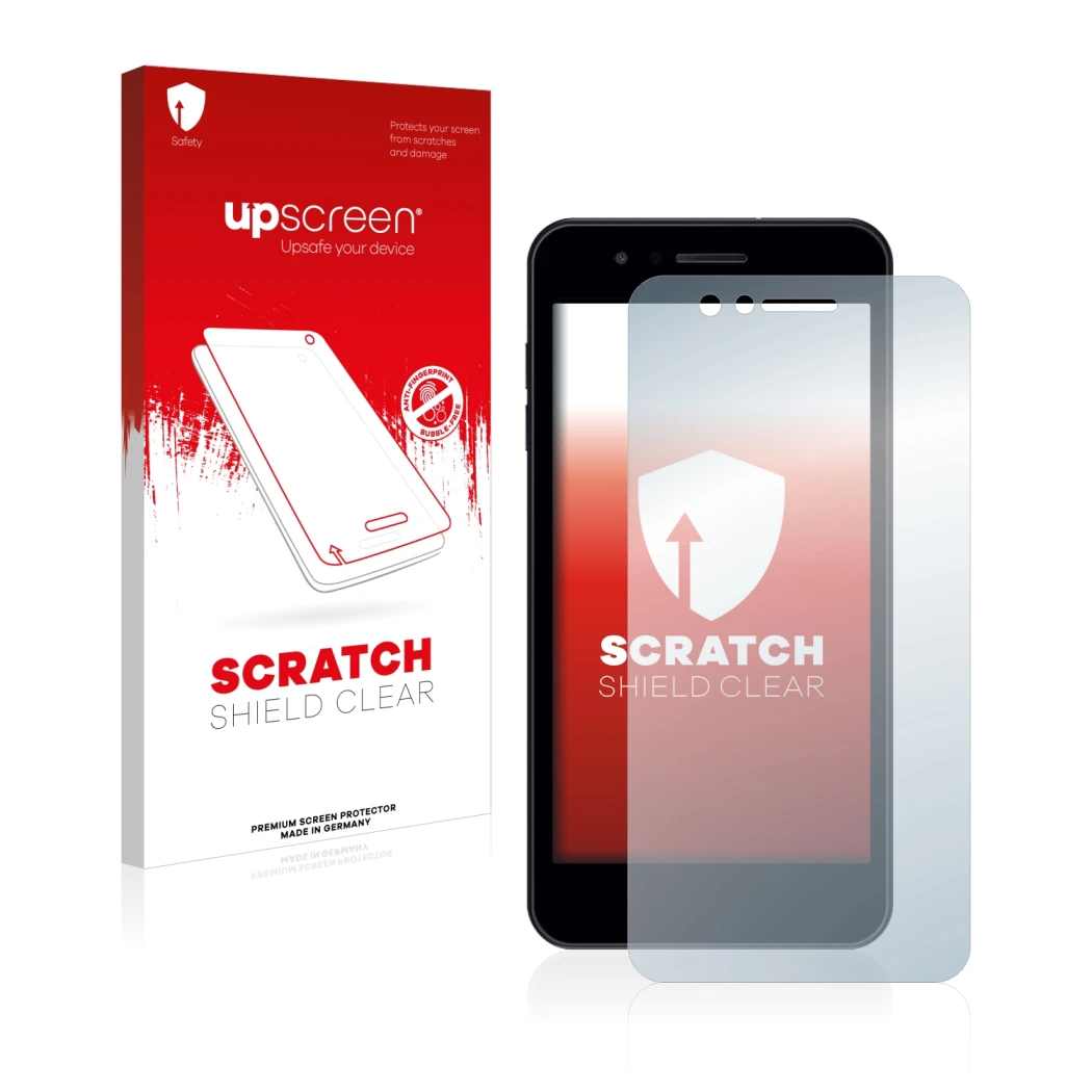 Parte frontale di una confezione del prodotto con il logo del marchio upscreen. Accanto è raffigurato il dispositivo LG K9 con