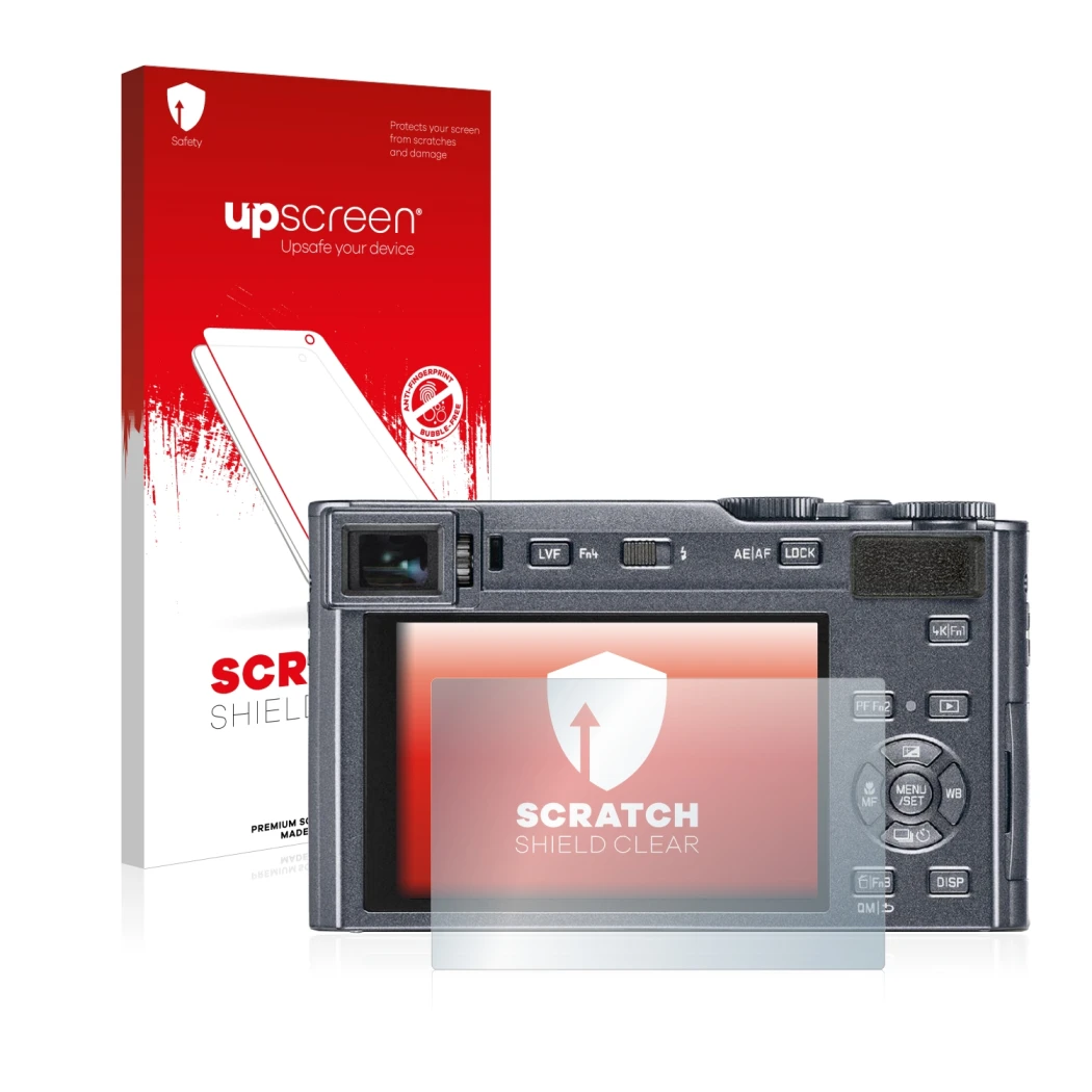 Parte frontale di una confezione del prodotto con il logo del marchio upscreen. Accanto è raffigurato il dispositivo Leica C-L