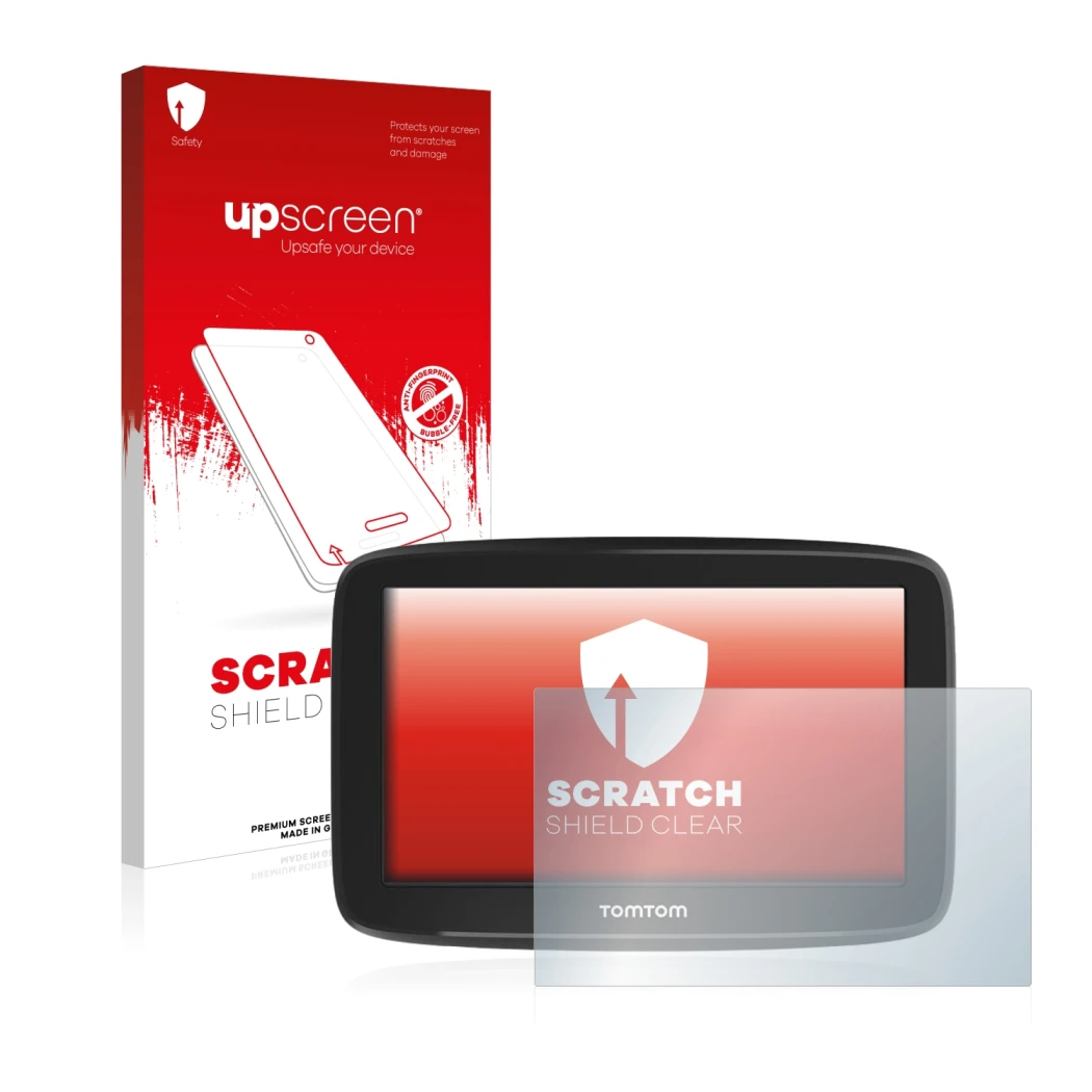 Parte frontale di una confezione del prodotto con il logo del marchio upscreen. Accanto è raffigurato il dispositivo TomTom GO