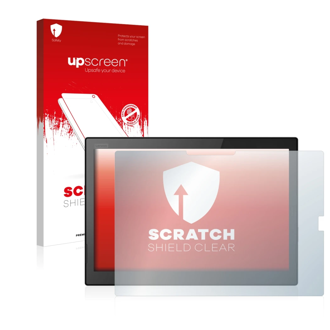 Parte frontale di una confezione del prodotto con il logo del marchio upscreen. Accanto è raffigurato il dispositivo Lenovo Th